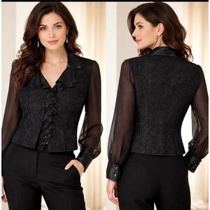 Alex Evenings Black Metallic Ruffle Blouse Sheer Chiffon Sleeve Formal Top Med